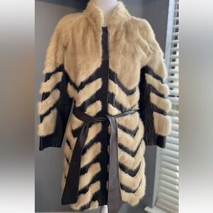 Vintage Mink Fur and Leather Chevron Coat Jacket